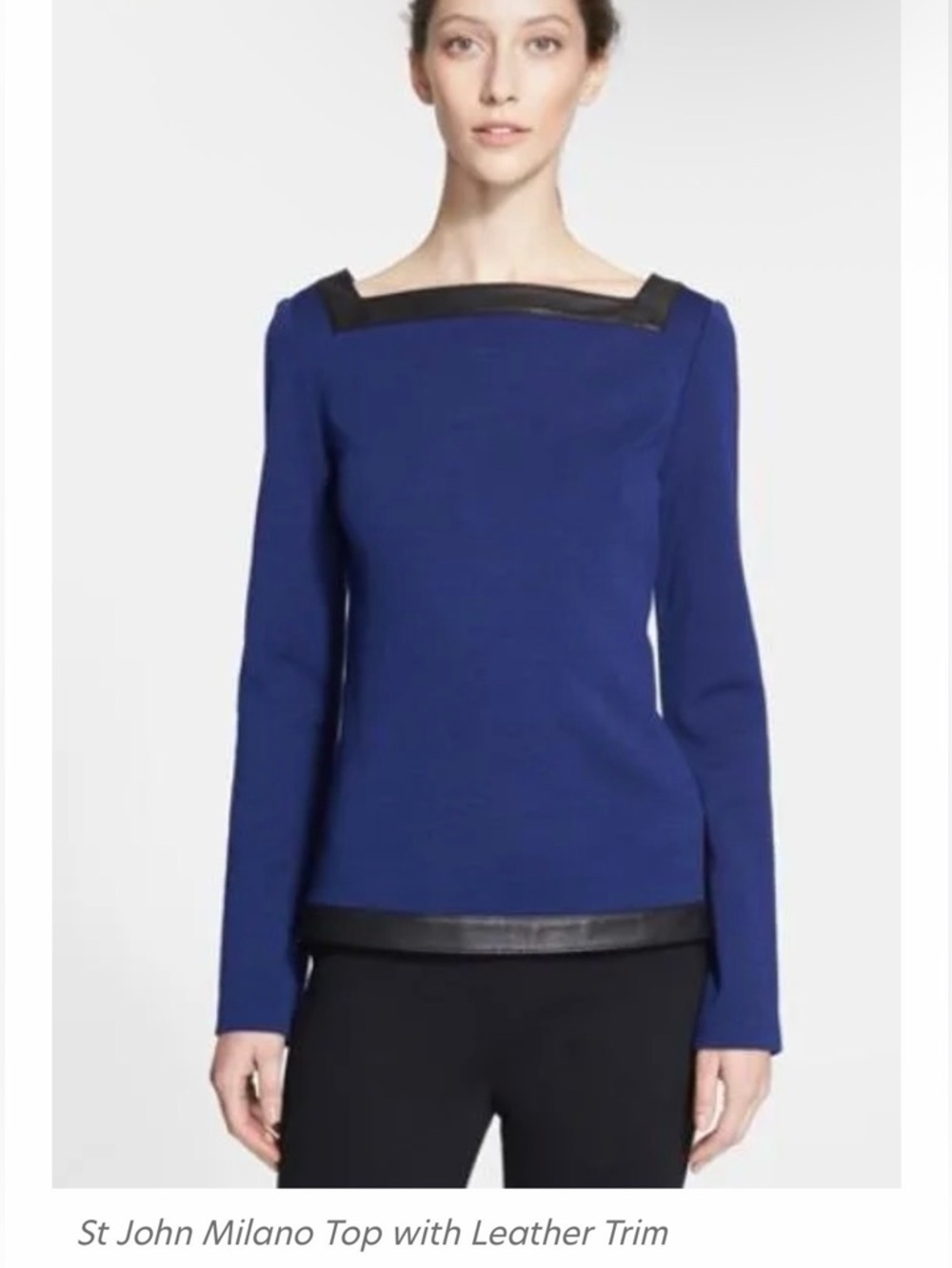 St. John Milano Knit Top Leather Trim Cobalt Blue & Black - Quiet Luxury Classic